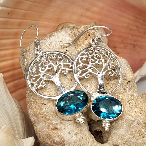 Natural Blue Quartz Topaz Stones Silver Earrings - Picture 7 of 8